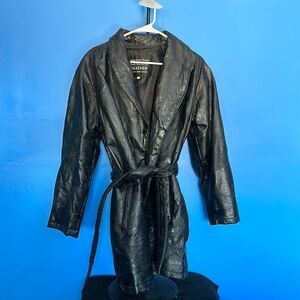 Italian Leather Overcoat Black Patchwork Belted – Size M – Unique Stone Design